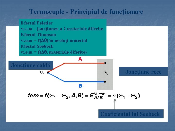 Termocuple - Principiul de funcţionare Efectul Peletier • t. e. m - joncţiunea a