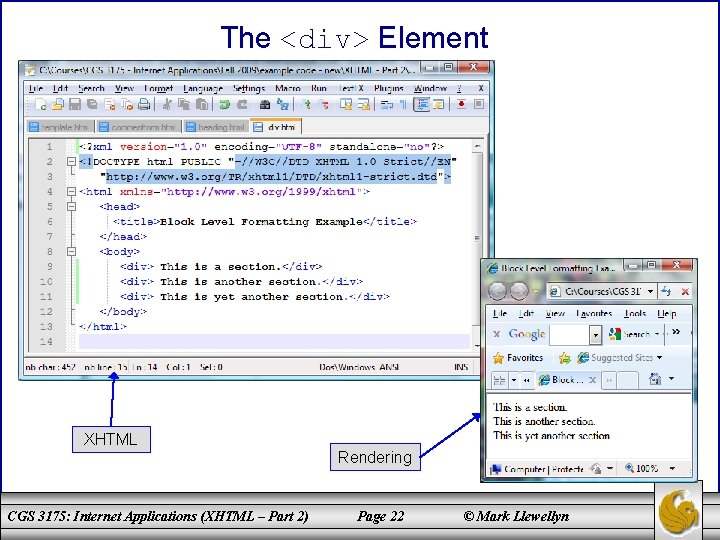 The <div> Element XHTML Rendering CGS 3175: Internet Applications (XHTML – Part 2) Page