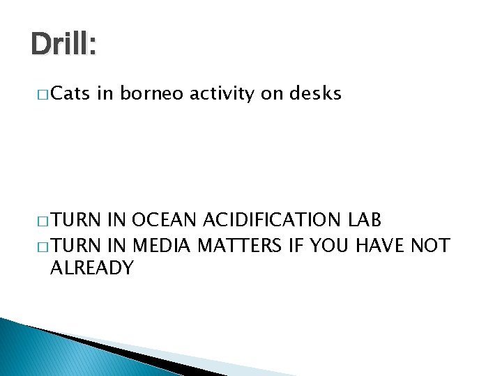 Drill: � Cats in borneo activity on desks � TURN IN OCEAN ACIDIFICATION LAB