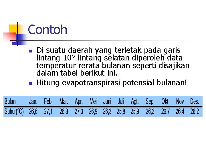 Contoh n n Di suatu daerah yang terletak pada garis lintang 10° lintang selatan