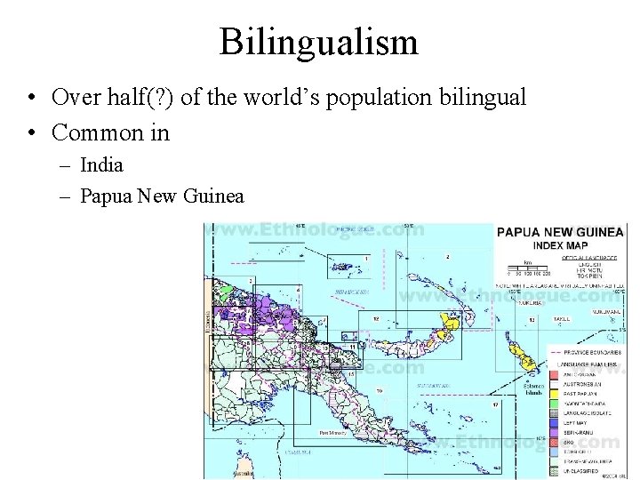 Bilingualism • Over half(? ) of the world’s population bilingual • Common in –