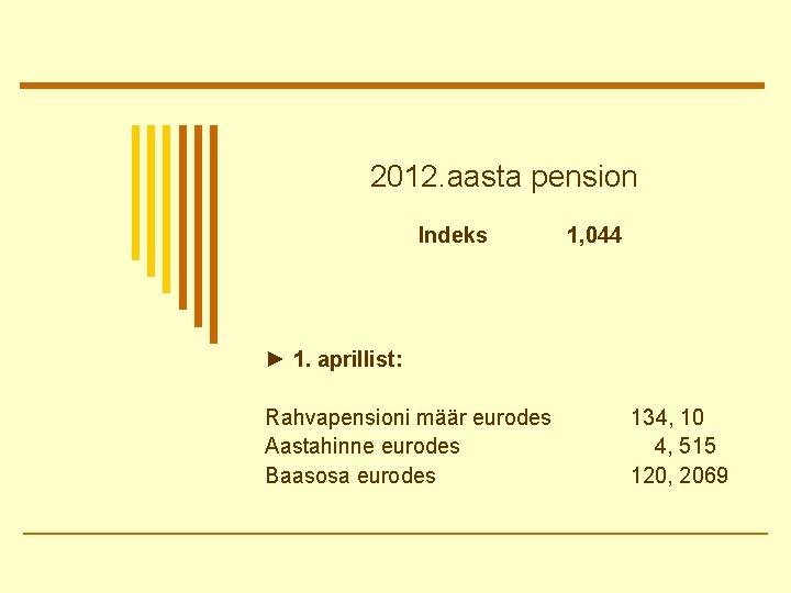 2012. aasta pension Indeks 1, 044 ► 1. aprillist: Rahvapensioni määr eurodes Aastahinne eurodes