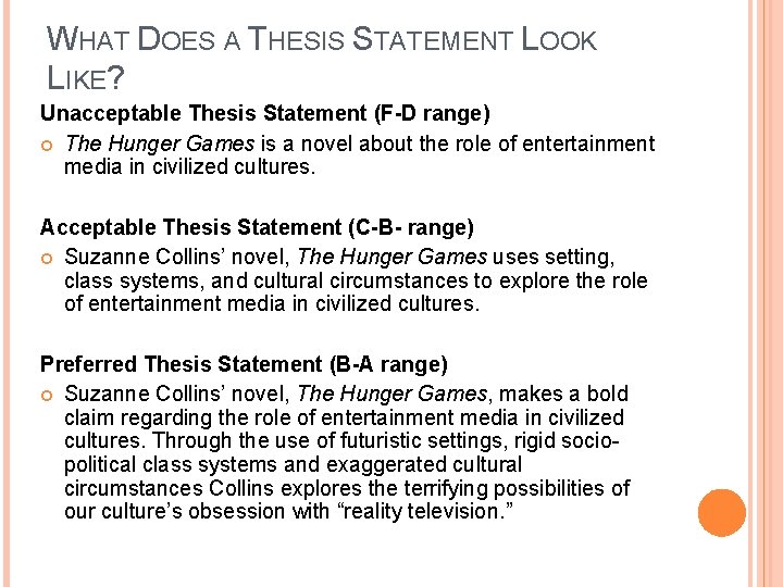 WHAT DOES A THESIS STATEMENT LOOK LIKE? Unacceptable Thesis Statement (F-D range) The Hunger
