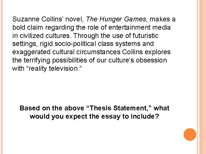 Suzanne Collins’ novel, The Hunger Games, makes a bold claim regarding the role of