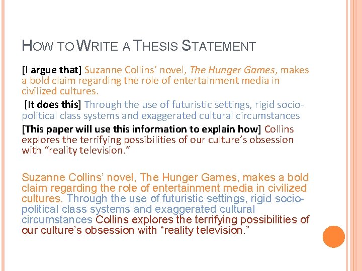 HOW TO WRITE A THESIS STATEMENT [I argue that] Suzanne Collins’ novel, The Hunger