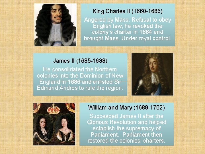 King Charles II (1660 -1685) Angered by Mass. Refusal to obey English law, he