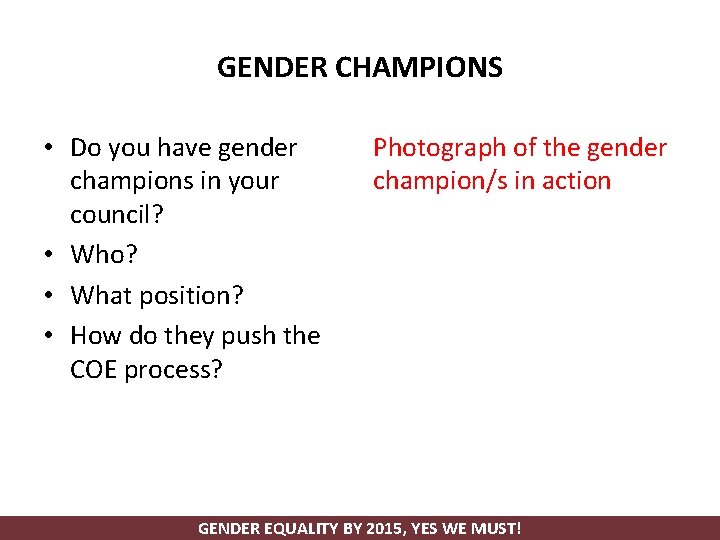 GENDER CHAMPIONS • Do you have gender champions in your council? • Who? •