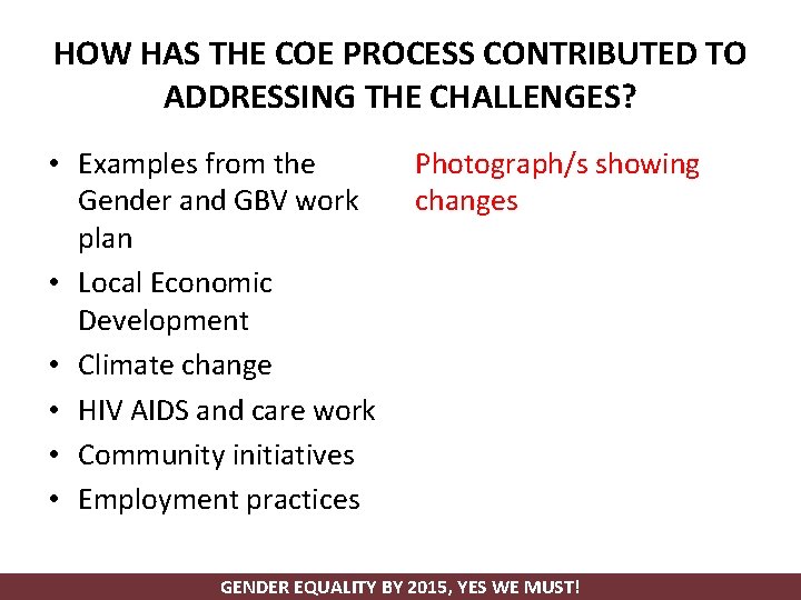 HOW HAS THE COE PROCESS CONTRIBUTED TO ADDRESSING THE CHALLENGES? • Examples from the