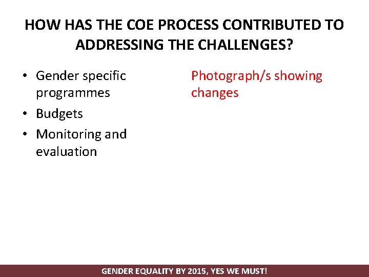 HOW HAS THE COE PROCESS CONTRIBUTED TO ADDRESSING THE CHALLENGES? • Gender specific programmes