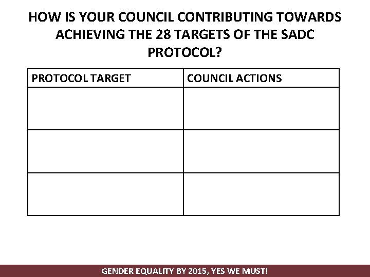 HOW IS YOUR COUNCIL CONTRIBUTING TOWARDS ACHIEVING THE 28 TARGETS OF THE SADC PROTOCOL?