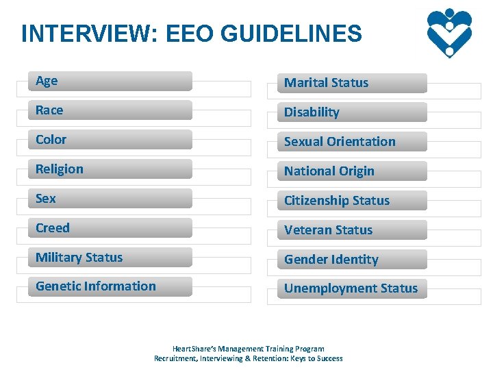 INTERVIEW: EEO GUIDELINES Age Marital Status Race Disability Color Sexual Orientation Religion National Origin