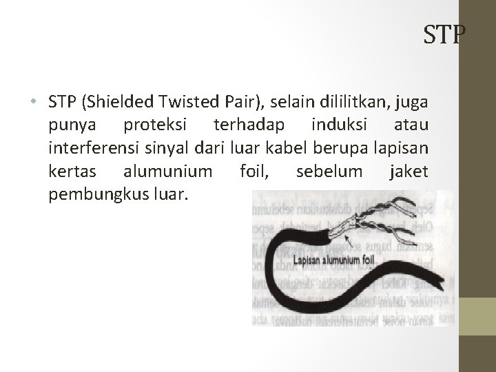 STP • STP (Shielded Twisted Pair), selain dililitkan, juga punya proteksi terhadap induksi atau