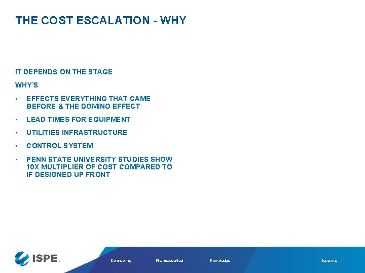 THE COST ESCALATION - WHY IT DEPENDS ON THE STAGE WHY’S • EFFECTS EVERYTHING