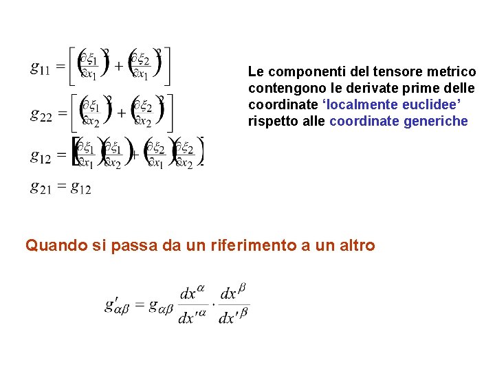 Le componenti del tensore metrico contengono le derivate prime delle coordinate ‘localmente euclidee’ rispetto