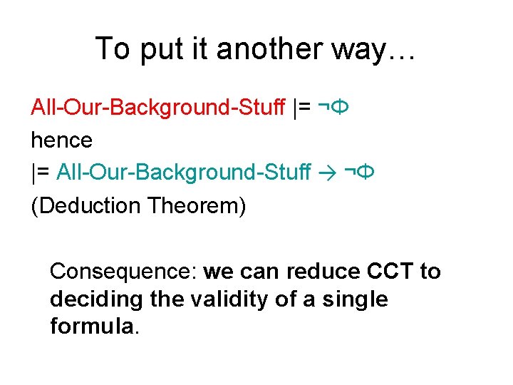To put it another way… All-Our-Background-Stuff |= ¬Φ hence |= All-Our-Background-Stuff → ¬Φ (Deduction
