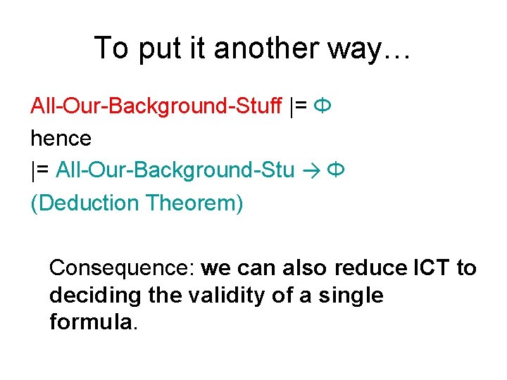 To put it another way… All-Our-Background-Stuff |= Φ hence |= All-Our-Background-Stu → Φ (Deduction