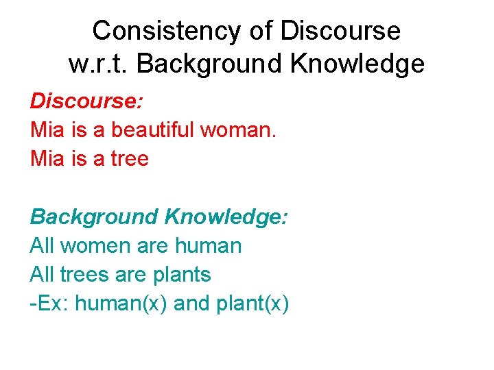 Consistency of Discourse w. r. t. Background Knowledge Discourse: Mia is a beautiful woman.