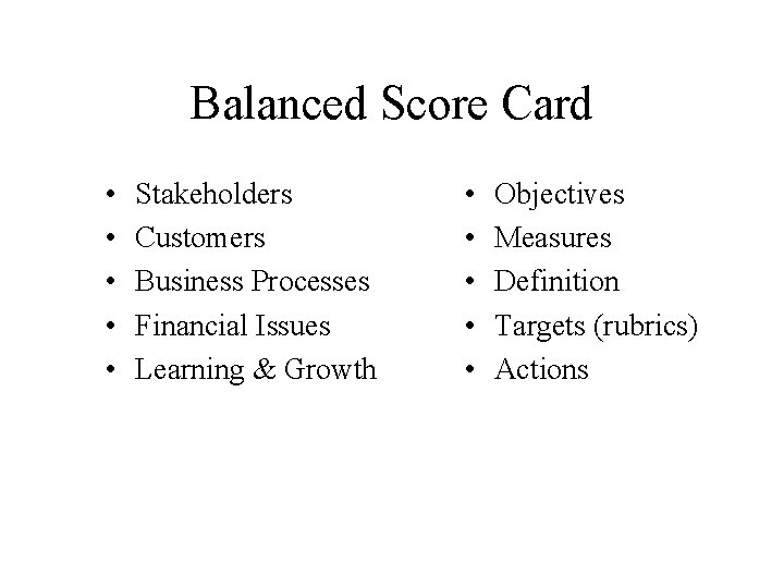 Balanced Score Card • • • Stakeholders Customers Business Processes Financial Issues Learning &