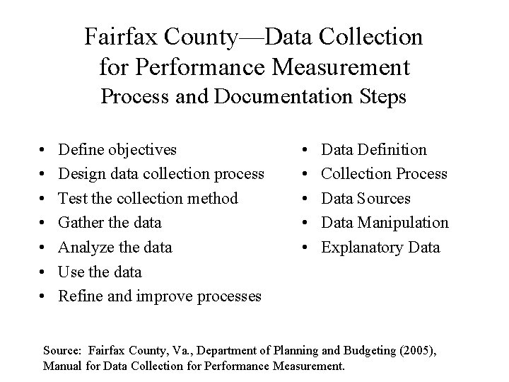Fairfax County—Data Collection for Performance Measurement Process and Documentation Steps • • Define objectives
