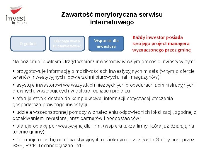 Zawartość merytoryczna serwisu internetowego O gminie Dlaczego warto tu zainwestować Wsparcie dla inwestora Każdy Zawartość merytoryczna serwisu internetowego O gminie Dlaczego warto tu zainwestować Wsparcie dla inwestora Każdy