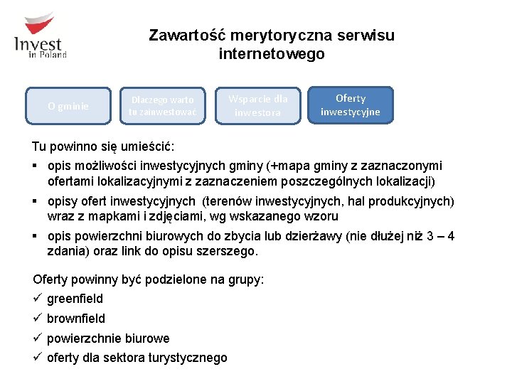 Zawartość merytoryczna serwisu internetowego O gminie Dlaczego warto tu zainwestować Wsparcie dla inwestora Oferty