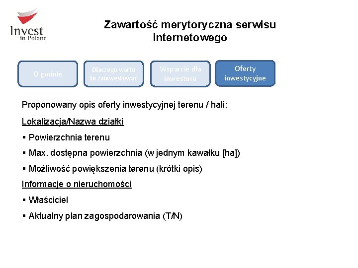 Zawartość merytoryczna serwisu internetowego O gminie Dlaczego warto tu zainwestować Wsparcie dla inwestora Oferty