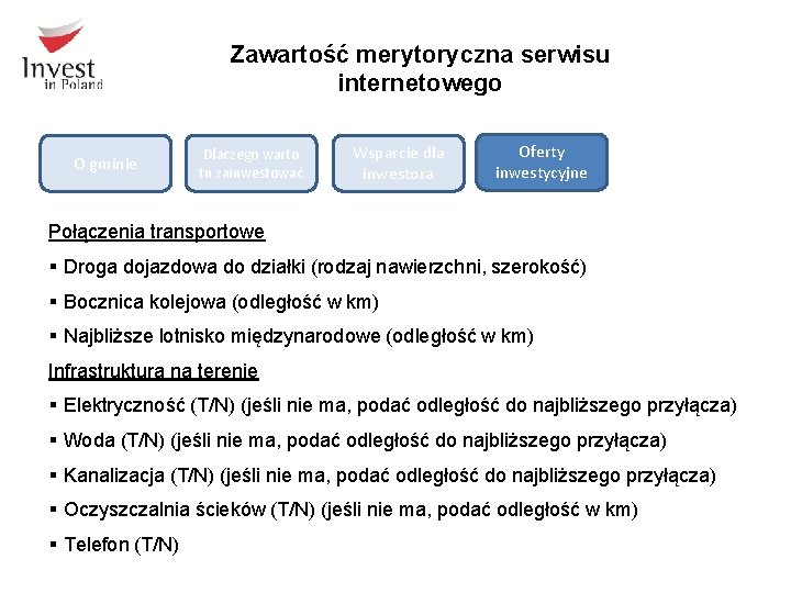 Zawartość merytoryczna serwisu internetowego O gminie Dlaczego warto tu zainwestować Wsparcie dla inwestora Oferty