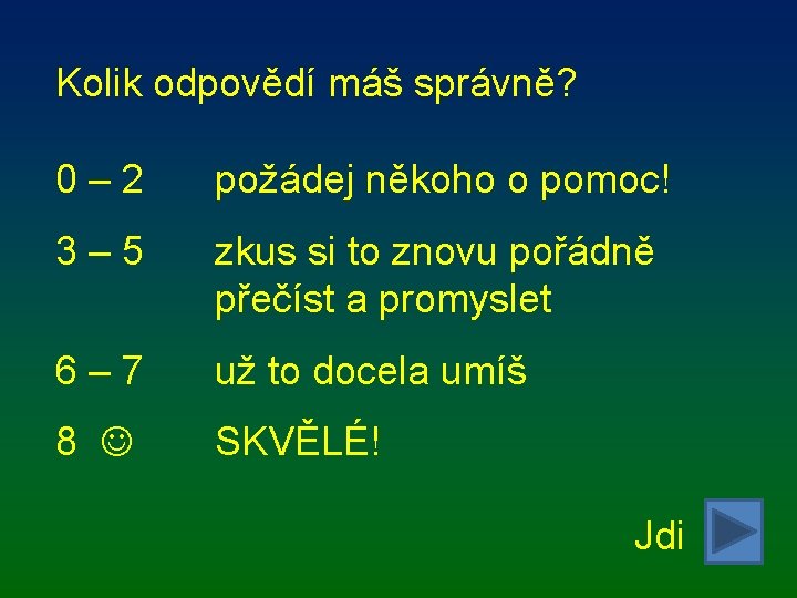 Kolik odpovědí máš správně? 0– 2 požádej někoho o pomoc! 3– 5 zkus si