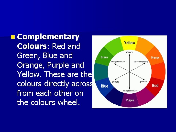 n Complementary Colours: Red and Green, Blue and Orange, Purple and Yellow. These are n Complementary Colours: Red and Green, Blue and Orange, Purple and Yellow. These are