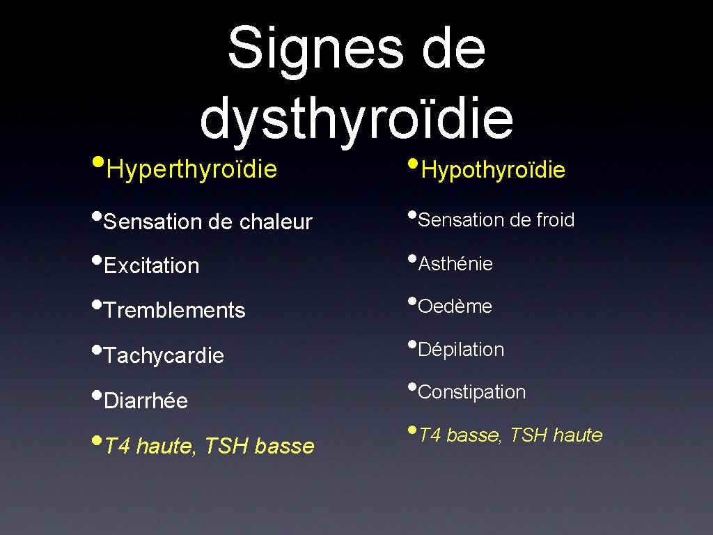 Signes de dysthyroïdie • Hyperthyroïdie • Hypothyroïdie • Sensation de chaleur • Excitation •