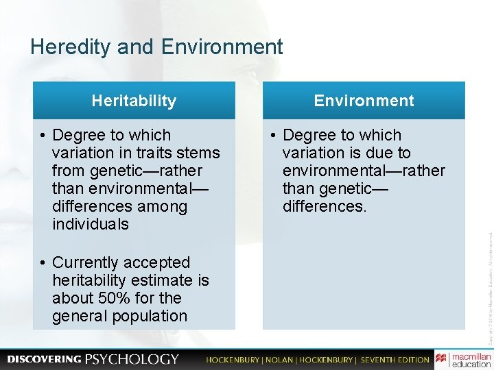 Heredity and Environment Heritability • Degree to which variation in traits stems from genetic—rather