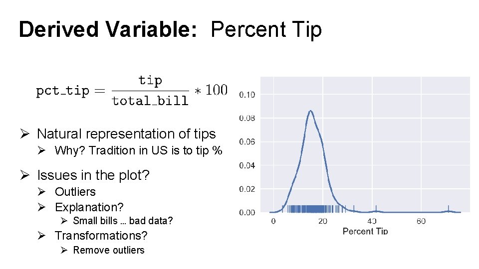 Derived Variable: Percent Tip Ø Natural representation of tips Ø Why? Tradition in US