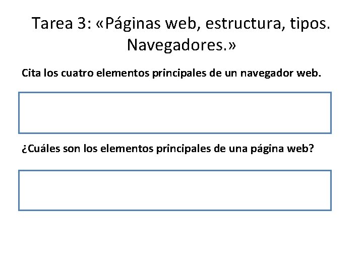 Tarea 3: «Páginas web, estructura, tipos. Navegadores. » Cita los cuatro elementos principales de