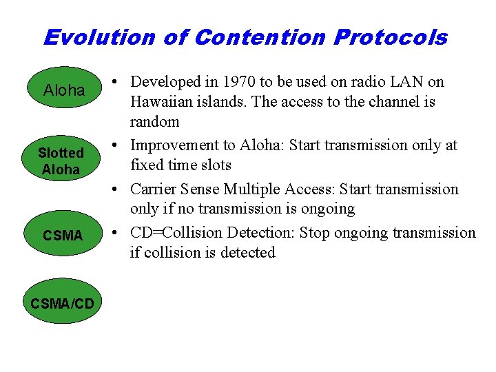 Evolution of Contention Protocols Aloha Slotted Aloha CSMA/CD • Developed in 1970 to be