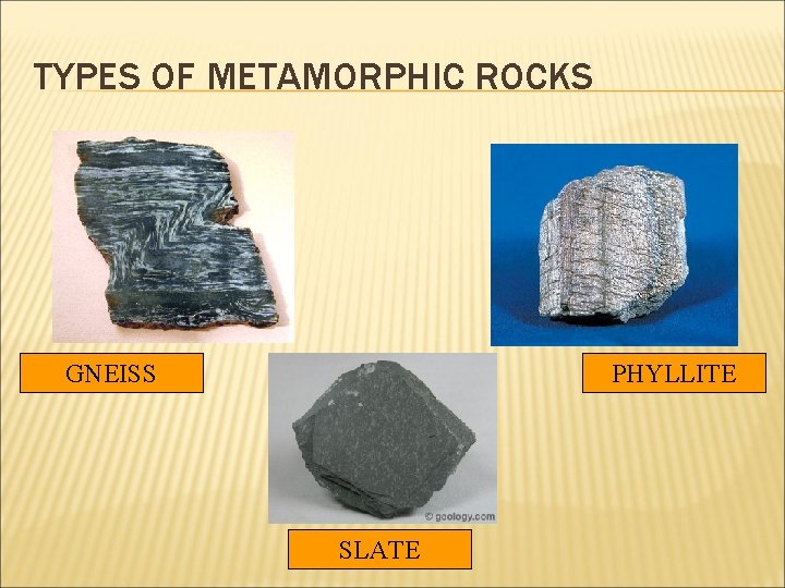 TYPES OF METAMORPHIC ROCKS GNEISS PHYLLITE SLATE 