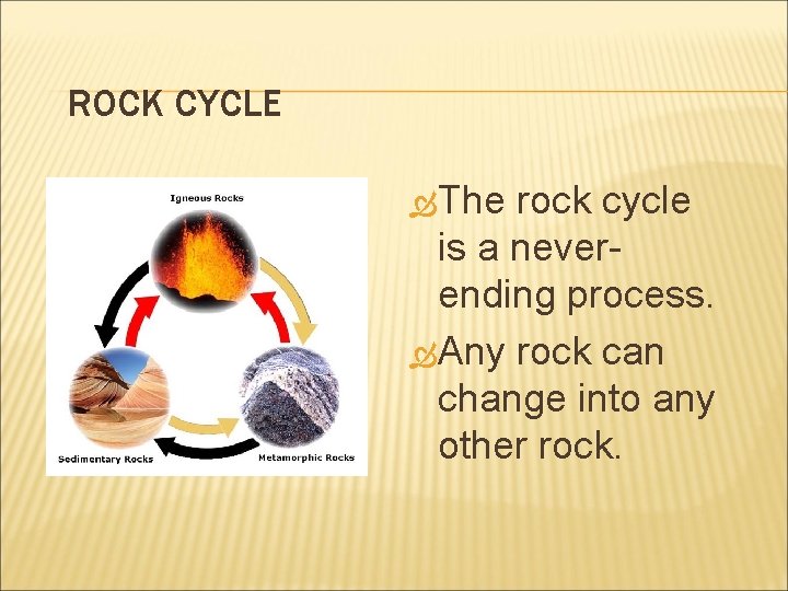 ROCK CYCLE The rock cycle is a neverending process. Any rock can change into