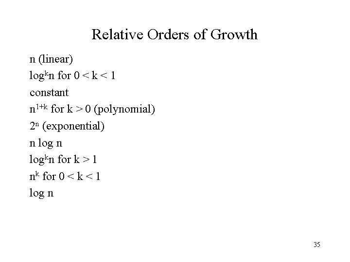 Relative Orders of Growth n (linear) logkn for 0 < k < 1 constant