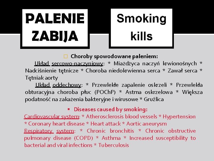 Choroby spowodowane paleniem: Układ sercowo-naczyniowy: * Miażdżyca naczyń krwionośnych * Nadciśnienie tętnicze * Choroba