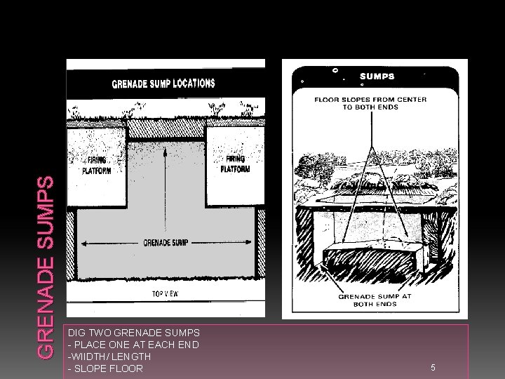 GRENADE SUMPS DIG TWO GRENADE SUMPS - PLACE ONE AT EACH END -WIIDTH/ LENGTH
