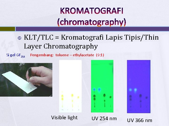 KROMATOGRAFI (chromatography) KLT/TLC = Kromatografi Lapis Tipis/Thin Layer Chromatography Si gel GF 254 Pengembang: