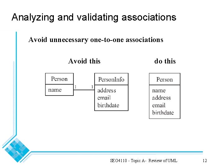 Analyzing and validating associations Avoid unnecessary one-to-one associations Avoid this do this SEG 4110