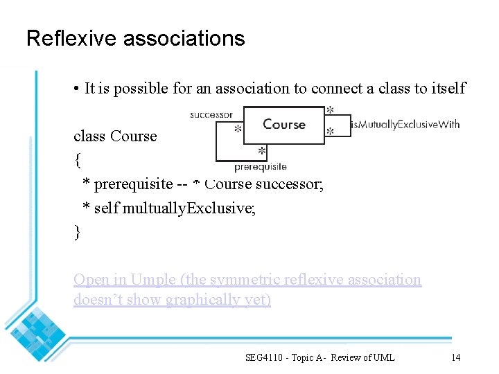 Reflexive associations • It is possible for an association to connect a class to