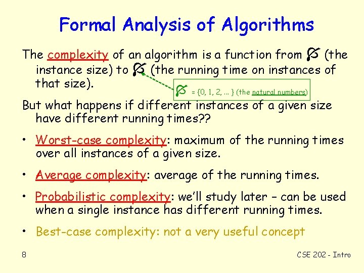 Formal Analysis of Algorithms The complexity of an algorithm is a function from (the