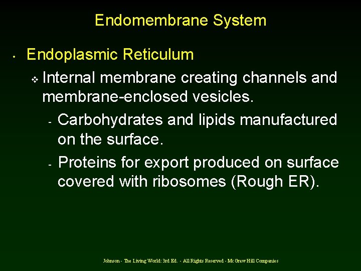 Endomembrane System • Endoplasmic Reticulum v Internal membrane creating channels and membrane-enclosed vesicles. -