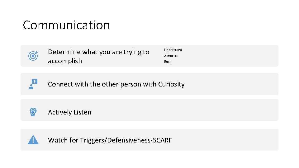 Communication Determine what you are trying to accomplish Understand Advocate Both Connect with the