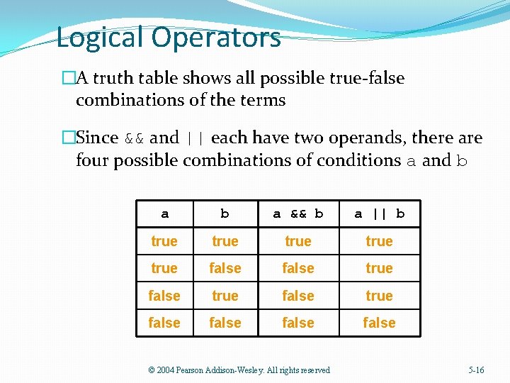 Logical Operators �A truth table shows all possible true-false combinations of the terms �Since