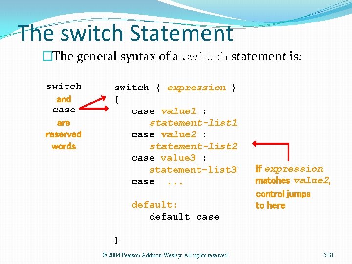 The switch Statement �The general syntax of a switch statement is: switch and case