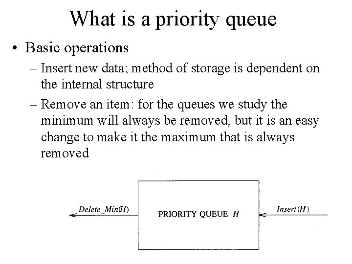 What is a priority queue • Basic operations – Insert new data; method of