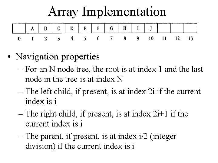 Array Implementation • Navigation properties – For an N node tree, the root is