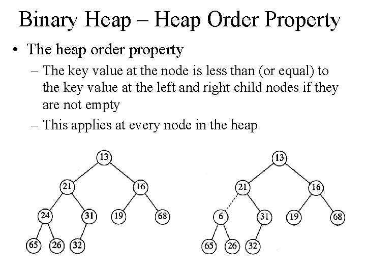 Binary Heap – Heap Order Property • The heap order property – The key